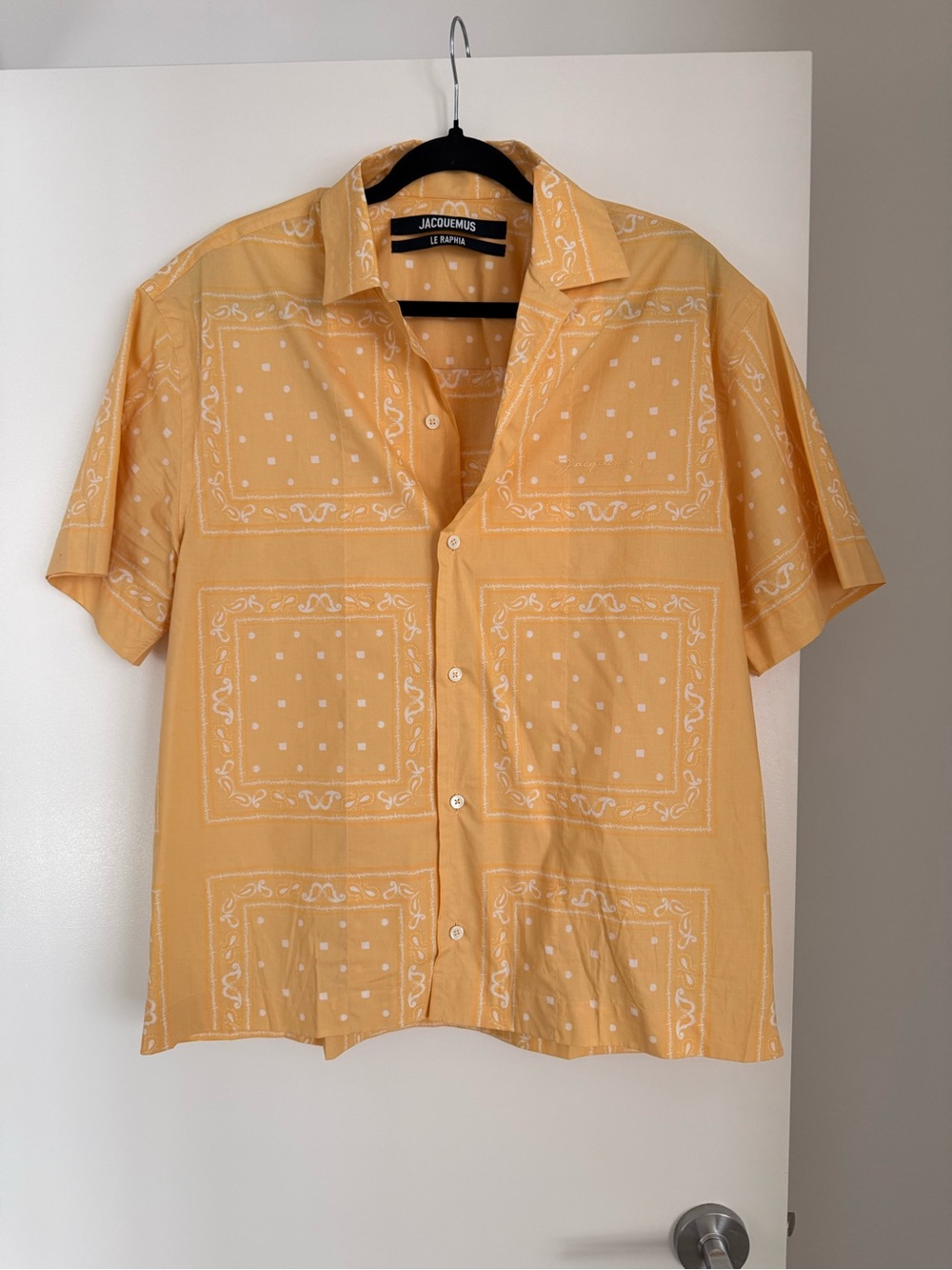 Jacquemus Short Sleeve Bandana-Print Button Shirt in Mustard Yellow
